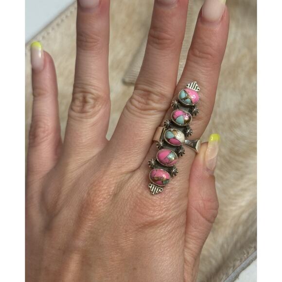 Native American SW Sterling Silver Pink Blue Cotton Candy Dahlia Ring Multistone - Picture 1 of 11